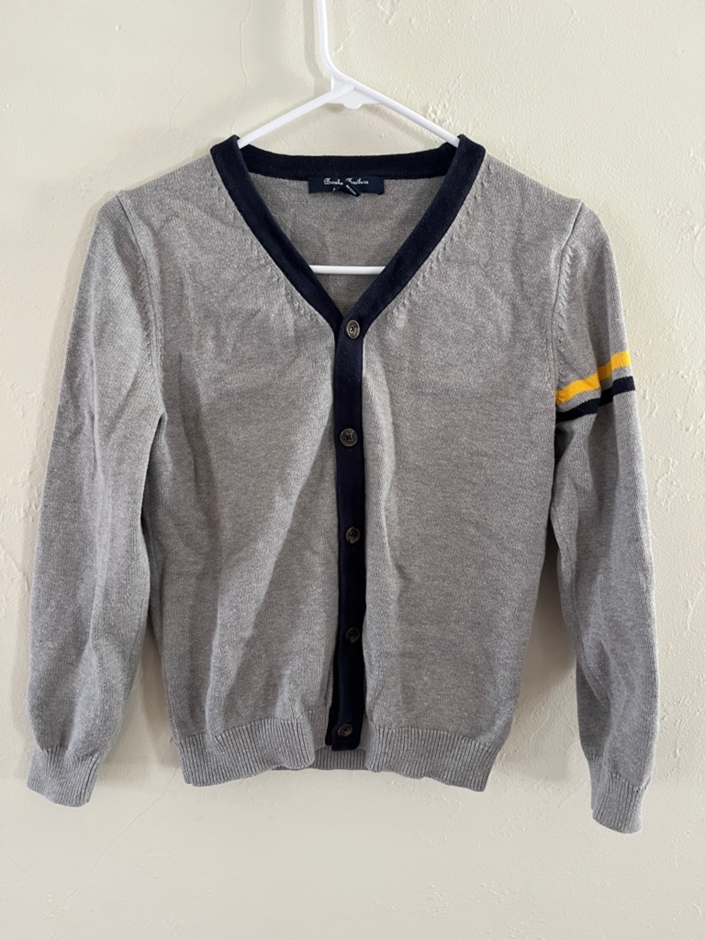 Brooks Brothers Fleece Light Gray Cardigan with Navy Trim and Yellow Arm Stripe